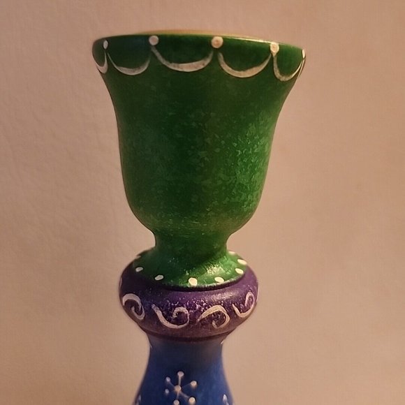 7" Colorful Wooden Candle Holder Snowflakes Purple Blue Hand Painted Made/USA - Picture 2 of 10